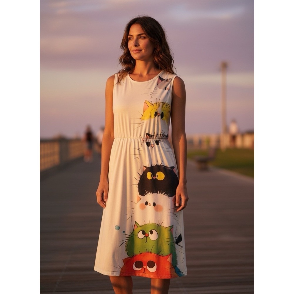 Cute Funny Cat Print Dress Midi Womens Small Ivory Novelty Stretchy Sleeveless
